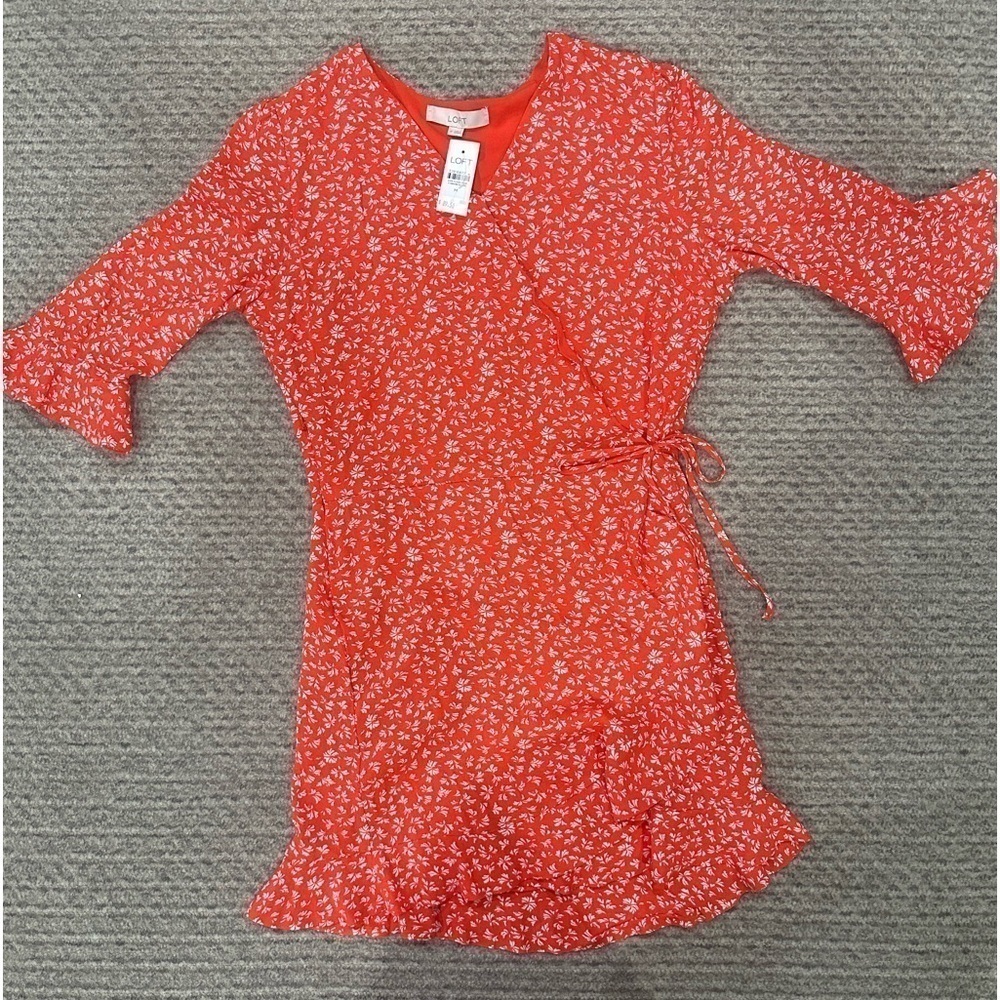 LOFT Red and white floral wrap dress with tie and built in shorts